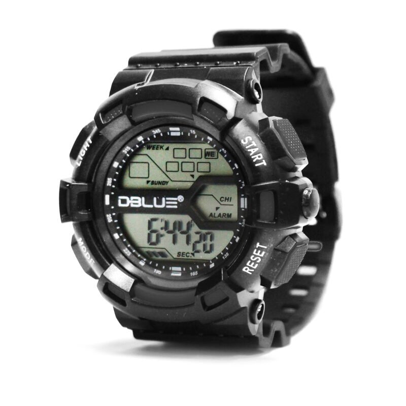 reloj digital deportivo, pantalla led, cronometro, fecha, hora, correa de caucho, cierre de hebilla. black