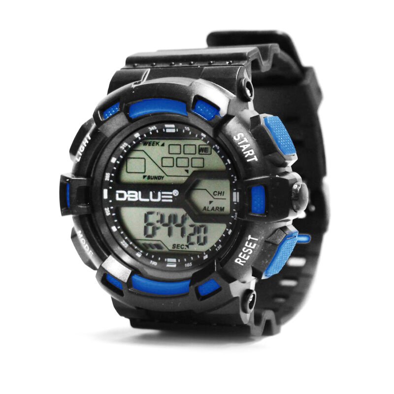 reloj digital deportivo, pantalla led, cronometro, fecha, hora, correa de caucho, cierre de hebilla. blue