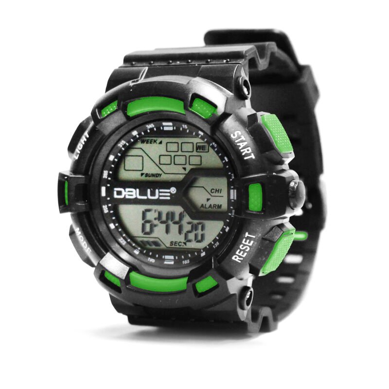 reloj digital deportivo, pantalla led, cronometro, fecha, hora, correa de caucho, cierre de hebilla. green