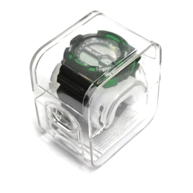 reloj digital deportivo, pantalla led, cronometro, fecha, hora, correa de caucho, cierre de hebilla. green — vista 2