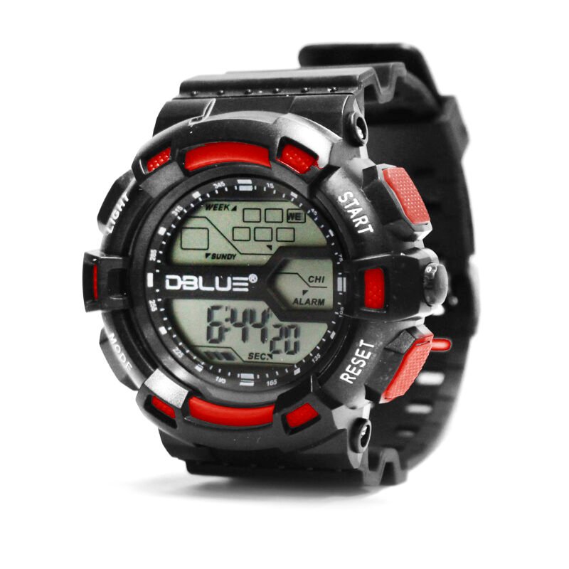 reloj digital deportivo, pantalla led, cronometro, fecha, hora, correa de caucho, cierre de hebilla. red