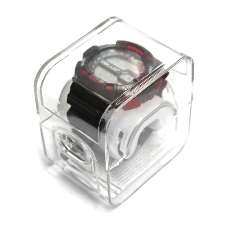 reloj digital deportivo, pantalla led, cronometro, fecha, hora, correa de caucho, cierre de hebilla. red — vista 2