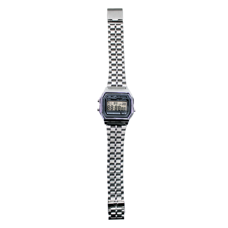 reloj unisex vintage, pantalla digital, superficie y correa de acero inoxidable.