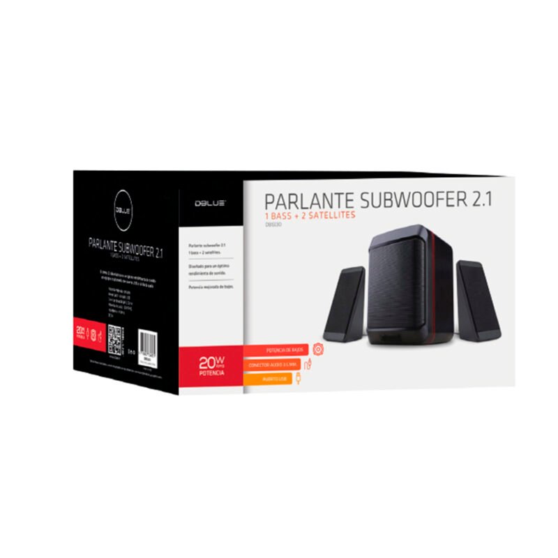 parlante dblue subwoofer 2.1, 20w rms, bass + 2 satelites, alimentacion usb, conector jack 3.5mm.