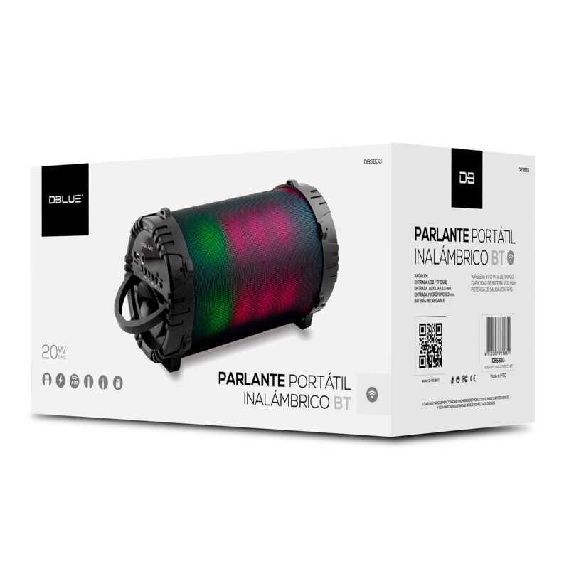 parlante dblue bazooka portatil con bt y entrada usb/sd/fm radio/aux luz led — vista 3