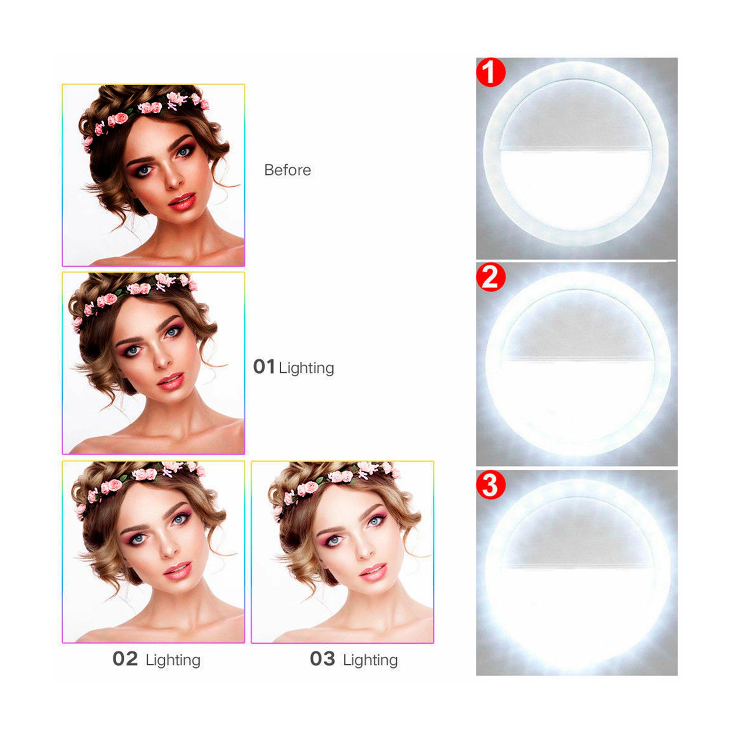 aro de luz dblue, 3 niveles de intensidad, compatible smartphones, funciona con pilas aaa. aro de luz dblue, 3 niveles de intensidad, compatible smartphones, funciona con pilas aaa.