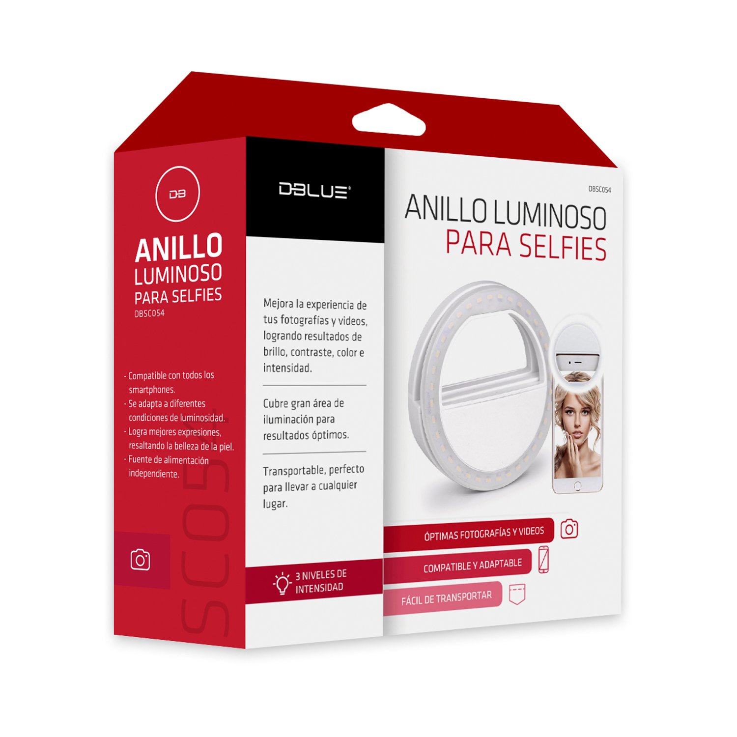 aro de luz dblue, 3 niveles de intensidad, compatible smartphones, funciona con pilas aaa. aro de luz dblue, 3 niveles de intensidad, compatible smartphones, funciona con pilas aaa.