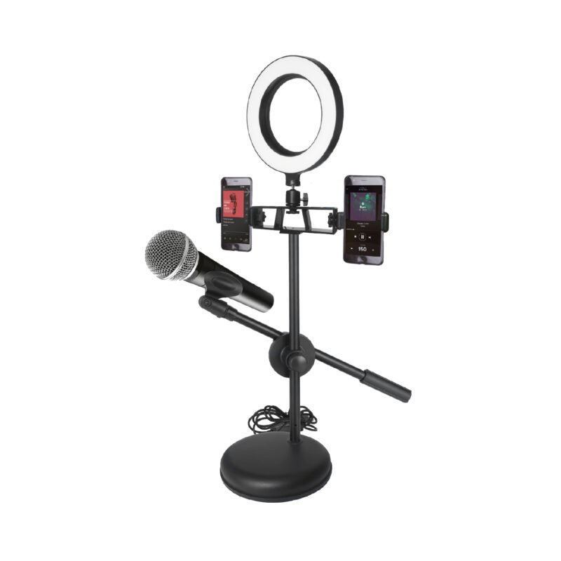 soporte dblue doble adaptable para smartphones y microfono, con luz led y rotacion.