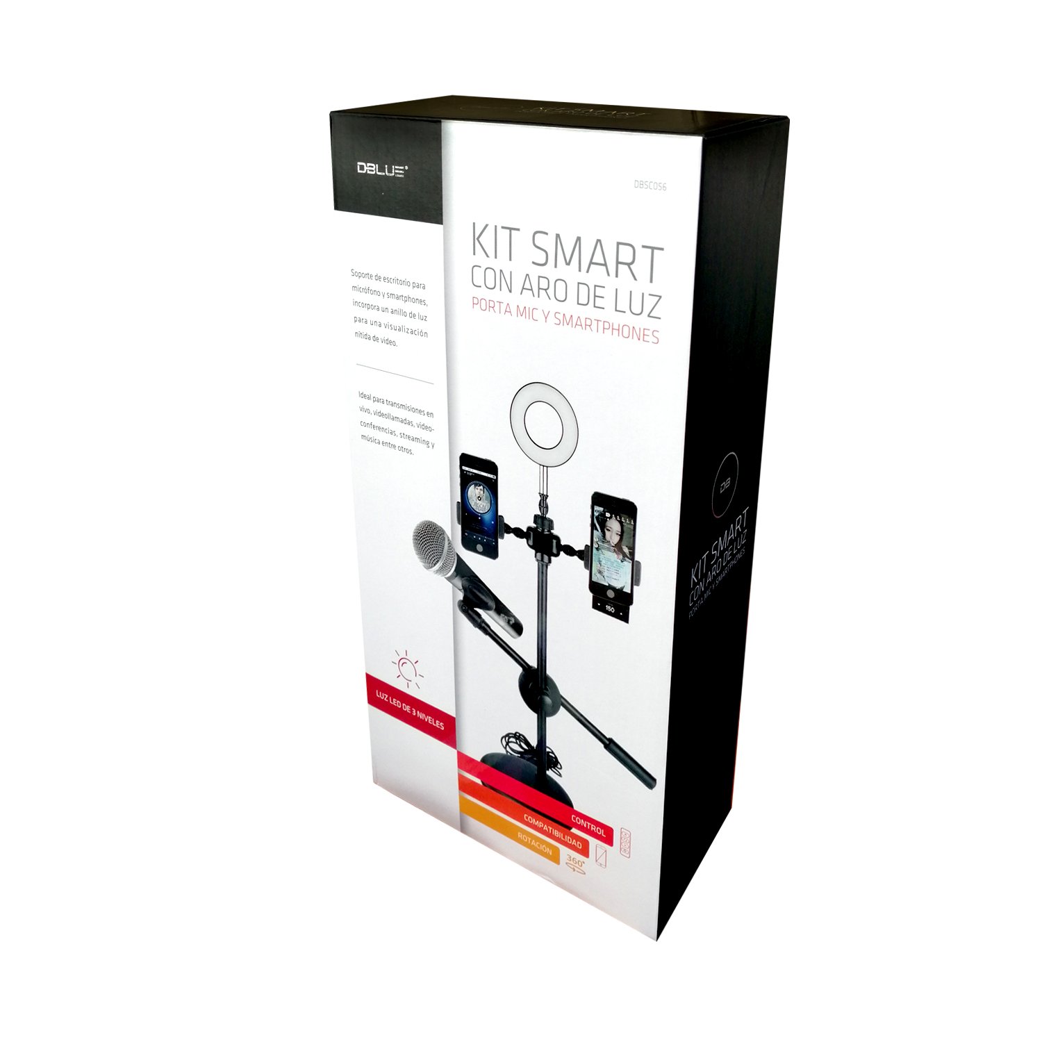 soporte dblue doble adaptable para smartphones y microfono, con luz led y rotacion. soporte dblue doble adaptable para smartphones y microfono, con luz led y rotacion.