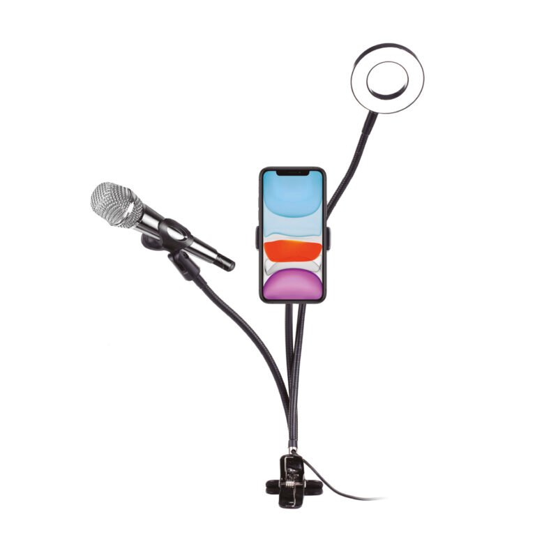 soporte dblue para smartphones con aro led, conexion usb, control incorporado, para telefonos hasta 8 cm.