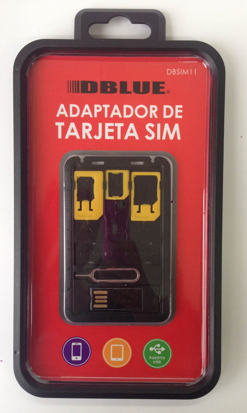 adaptador dblue sim universal, conversion de nano sim a micro sim o sim estandar, incluye herramienta y usb.