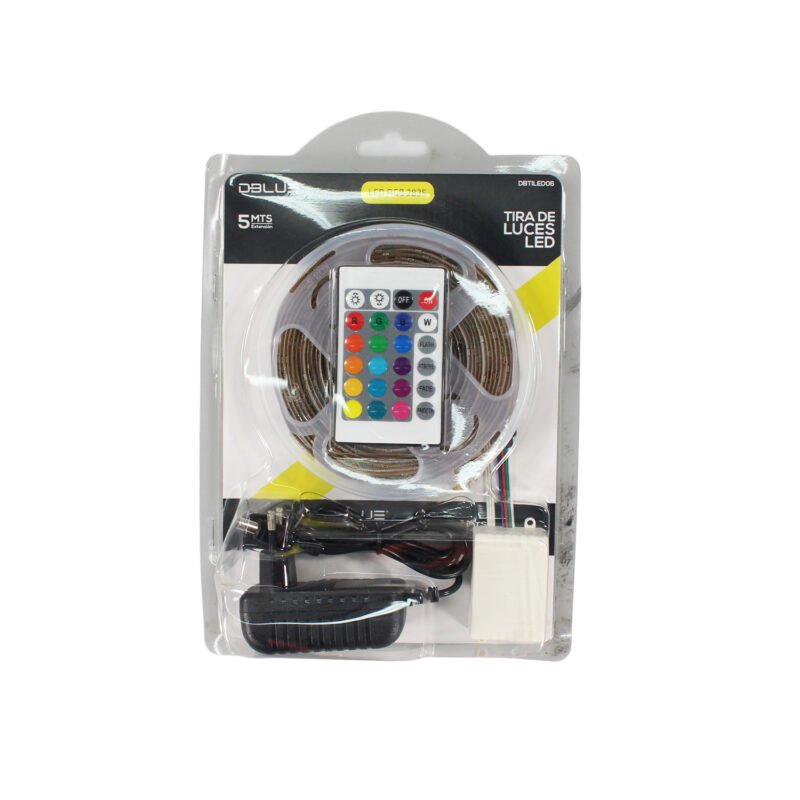 tira led dblue rgb 3528 de 5 mts, 60 leds/mt, control remoto, pegamento en reverso, 12v dc.