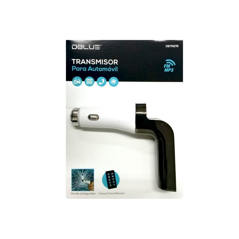 transmisor dblue fm, manos libres, pantalla led, dual usb, tf card, formato mp3/wma, martillo seguridad.