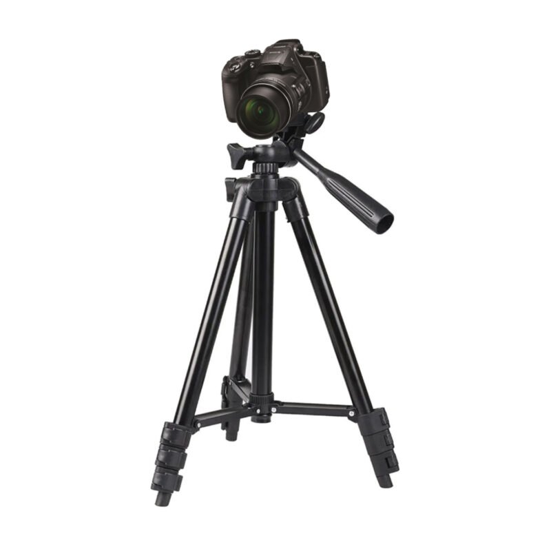 tripode dblue de aluminio con cabezal de 3 vias, giratorio 360° y 90°, base antideslizante, 1.08m altura.