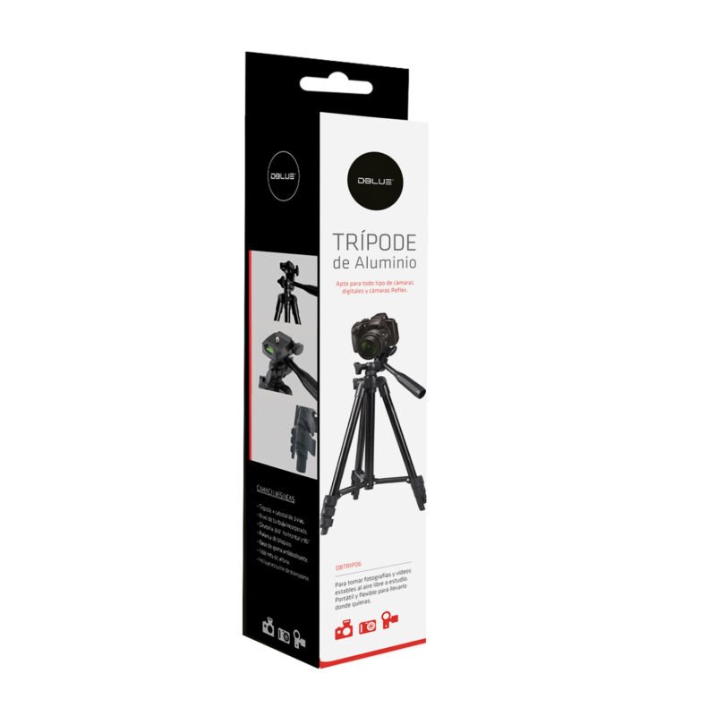 tripode dblue de aluminio con cabezal de 3 vias, giratorio 360° y 90°, base antideslizante, 1.08m altura. — vista 2