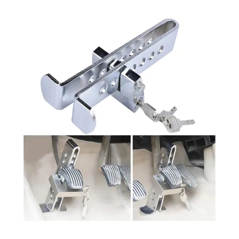 dispositivo de traba pedal dblue ajustable, metal resistente, con barra de seguridad y llave.