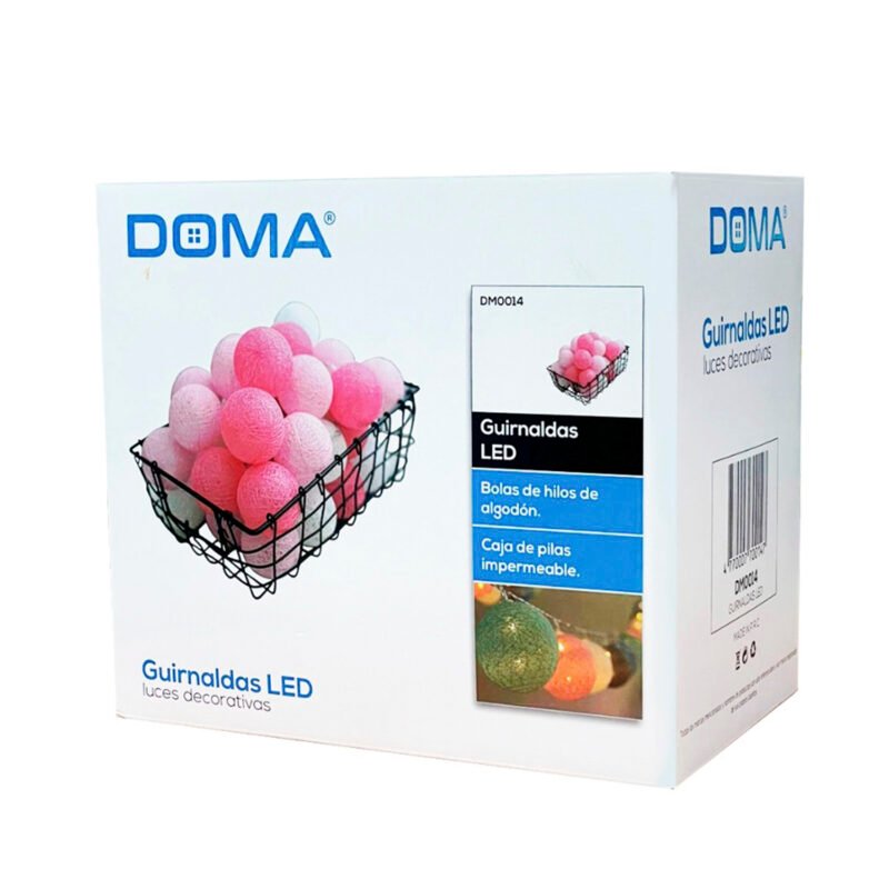 guirnalda usb de 3 mts bola de hilo 20 piezas doma, luz blanca calida, caja de pilas impermeable, ip65.