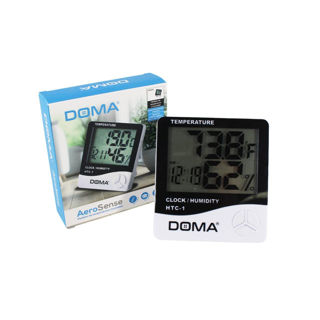 reloj con alarma, medidor ambiental temperatura y humedad, termometro, calendario, pantalla digital.