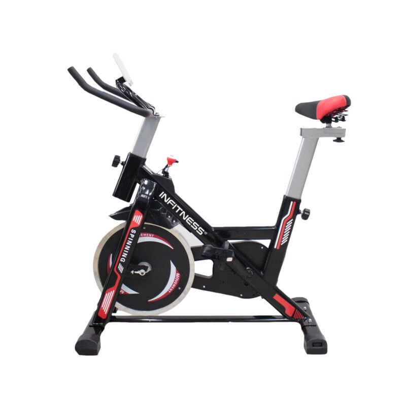 bicicleta de spinning infitness con resistencia regulable, volante de 10kg, manubrio y asiento ajustable.