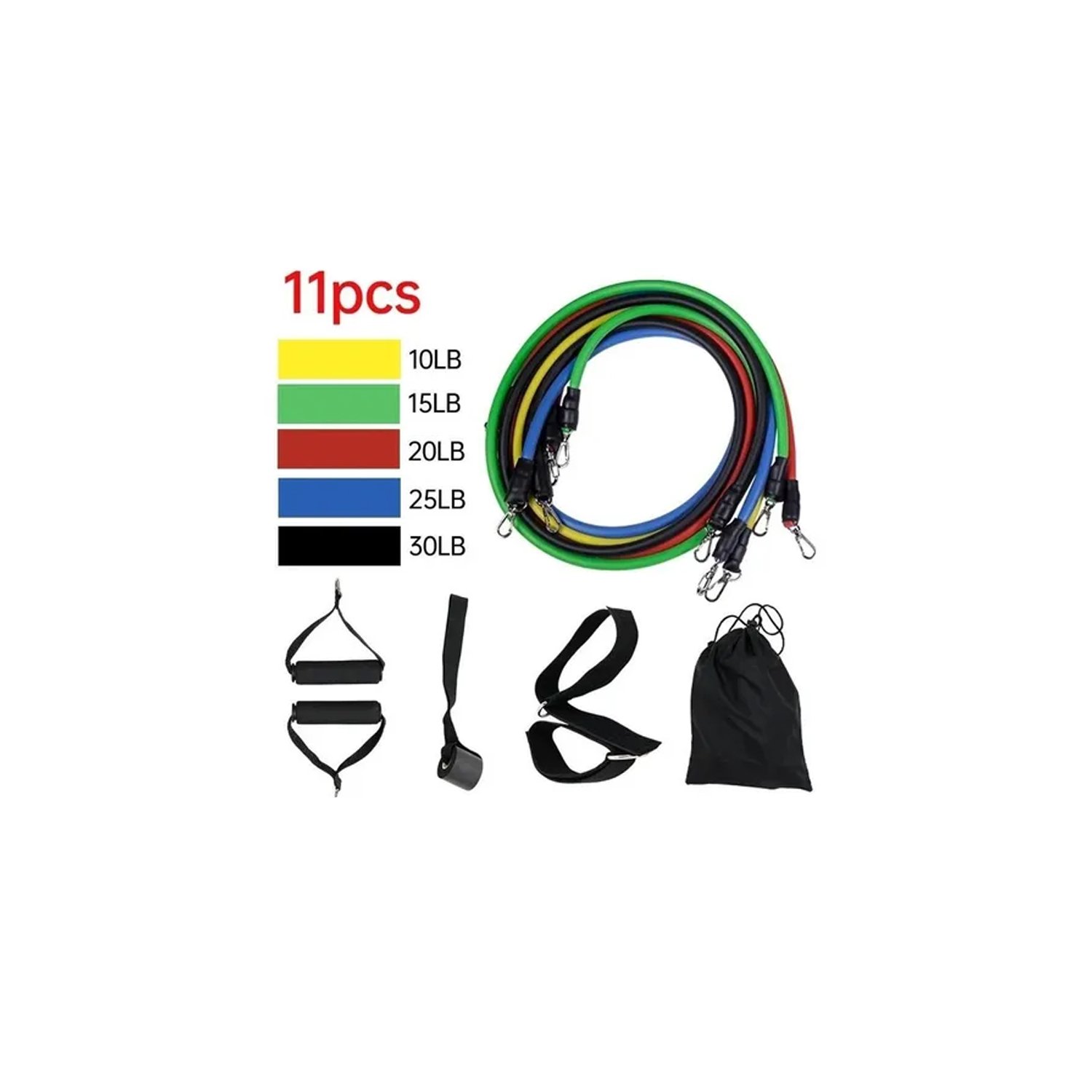 set de 11 piezas para ejercicios, incluye 5 bandas de resistencia de latex natural, hasta 150 libras. set de 11 piezas para ejercicios, incluye 5 bandas de resistencia de latex natural, hasta 150 libras.