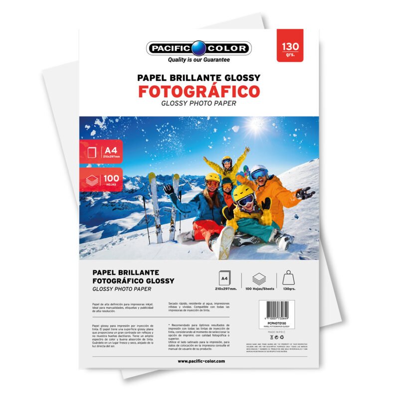 papel fotografico glossy a4 100 hojas 130g, alta definicion para inkjet, resistente al agua.