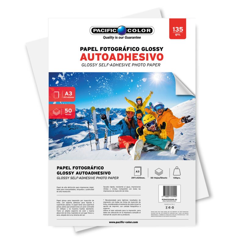 papel fotografico glossy a3 50 hojas 135g, autadhesivo, alta definicion para inkjet, resistente al agua.