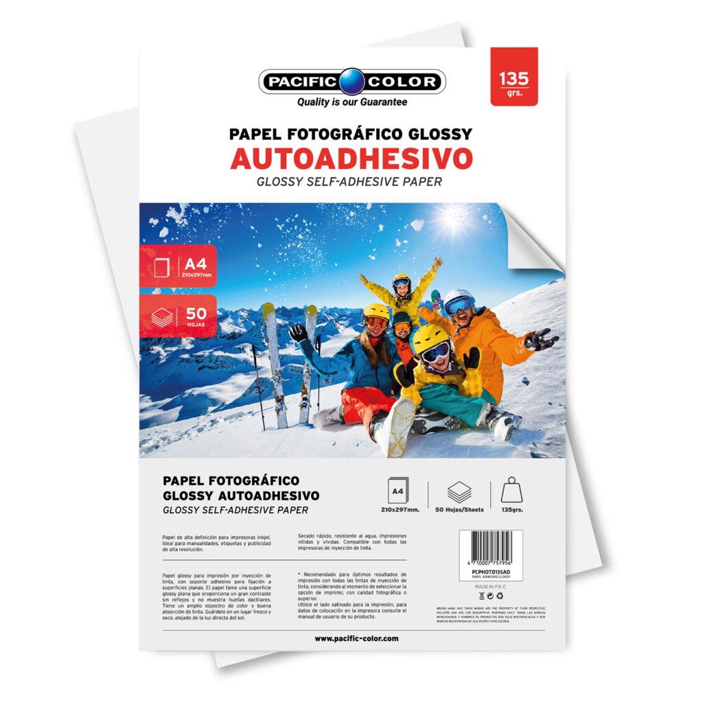 papel fotografico glossy a4 50 hojas 135g, autadhesivo, alta definicion para inkjet, resistente al agua.