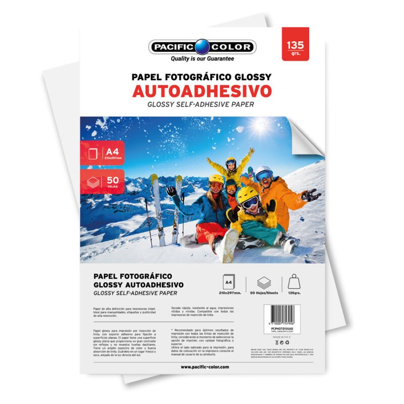 papel fotografico glossy a4 50 hojas 135g, autadhesivo, alta definicion para inkjet, resistente al agua.