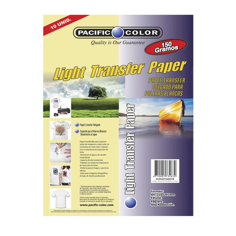 papel transfer a4 pack 10 un, 150g, impresion a todo color, resistente al agua, secado rapido.