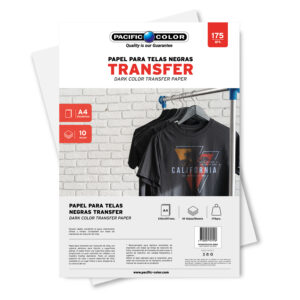 papel transfer para telas negras a4 (210x297mm), 10 hojas, 175gr, para impresoras inkjet. alta resolucion, secado rapido, resistente al agua.