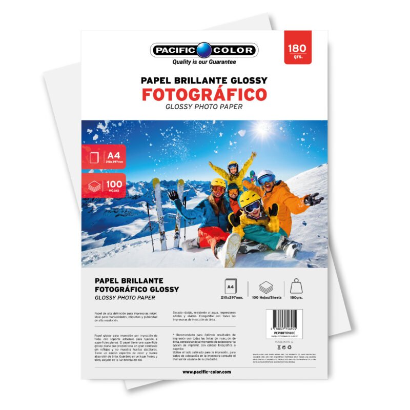 papel fotografico glossy a4, 100 hojas, 180gr, alta definicion, secado rapido, resistente al agua.