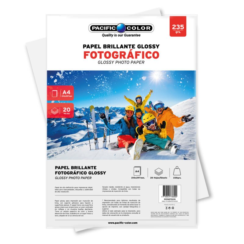 papel fotografico glossy a4, 20 hojas, 235gr, alta definicion, secado rapido, resistente al agua.