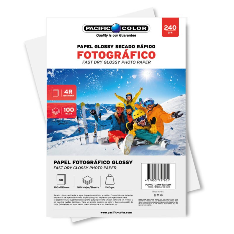 papel fotografico glossy 4r, 100 hojas, 240gr, alta definicion, secado rapido, resistente al agua.