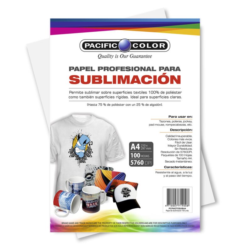 papel transfer a4 pack 100 hojas, 5760 dpi, secado rapido, resistente al agua y luz, ideal para superficies claras.