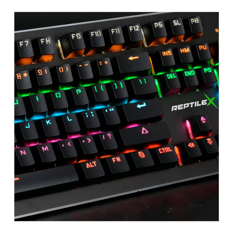 teclado reptile x mecanico, retroiluminacion multi color, 104 teclas, puerto usb 2.0, base de aluminio.