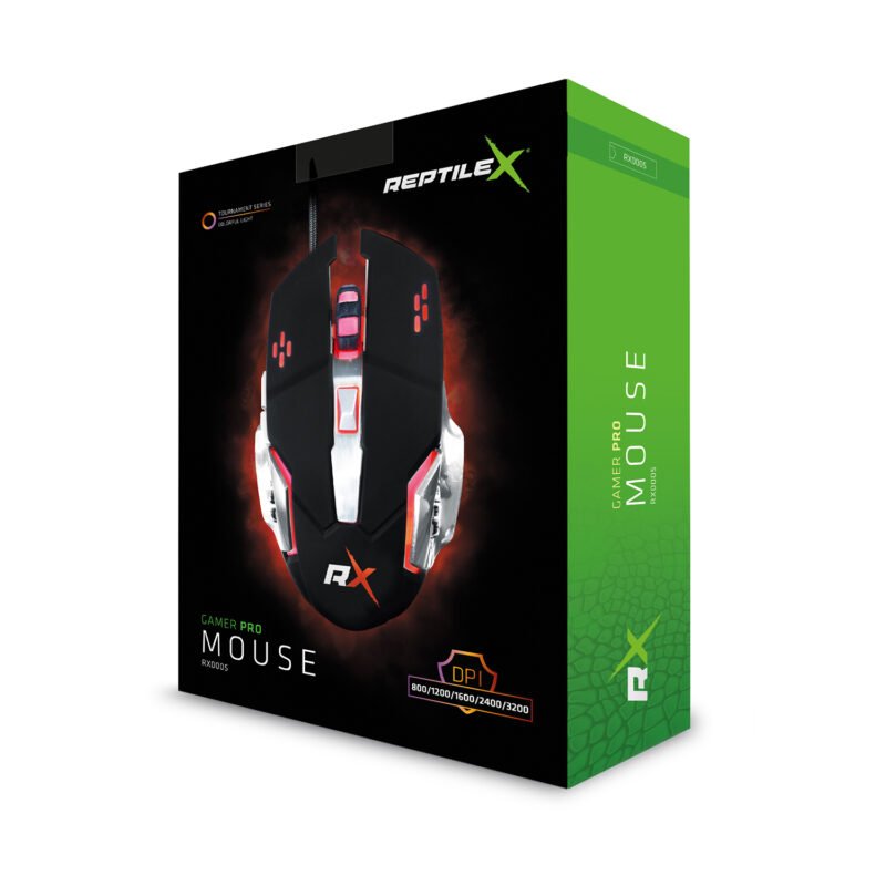 mouse reptile x gamer 5 botones con 4 colores led, 1200/1600/2400/3200 dpi — vista 4