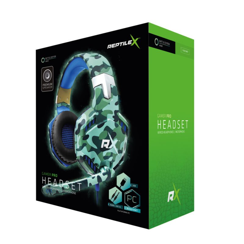 audifono reptile x gamer pro para pc reptile, con microfono y control de volumen. mimetizado — vista 3