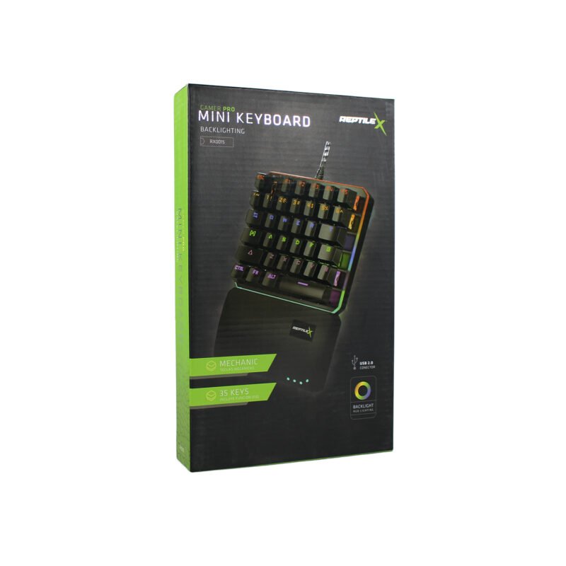 teclado reptile x ergonomico mini de 35 teclas, luz de fondo, usb 2.0, cable 160 cm, panel de aluminio.