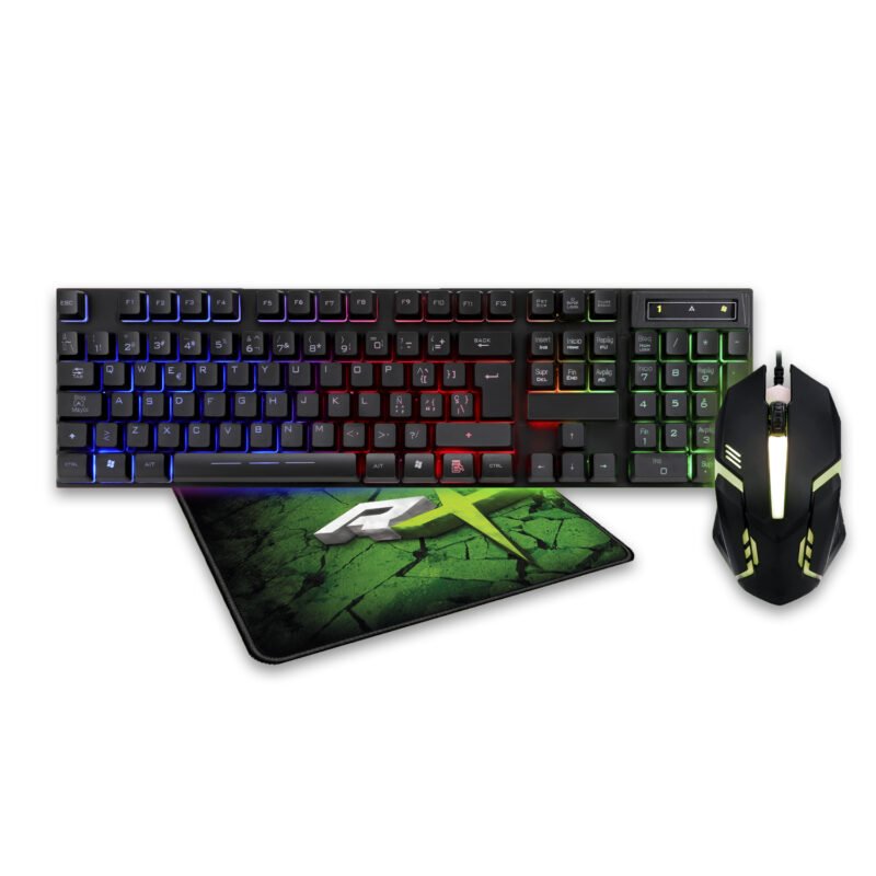 kit gamer 3 en 1 teclado mecanico reptilex, retroiluminado multicolor, mouse gamer retroiluminado, mousepad gamer, 104 teclas.