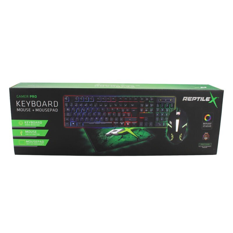kit gamer 3 en 1 teclado mecanico reptilex, retroiluminado multicolor, mouse gamer retroiluminado, mousepad gamer, 104 teclas. — vista 3