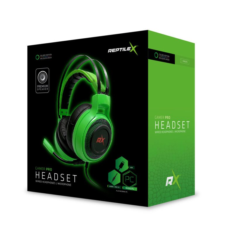 audifono reptile x gamer pro con microfono, interfaz usb y jack 3.5 mm, iluminacion led, cable de 2 m. green — vista 3