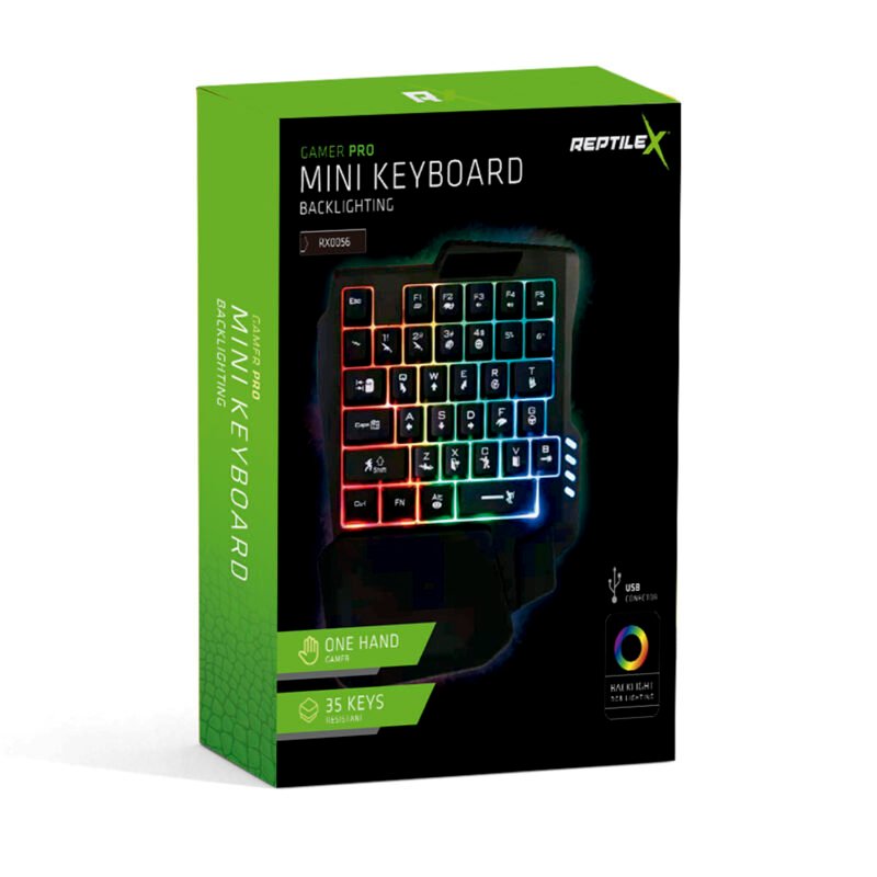 teclado reptile x mini ergonomico 1 mano, portatil y resistente, retroiluminado arcoiris, 35 teclas, usb alta velocidad, anti salpicaduras.