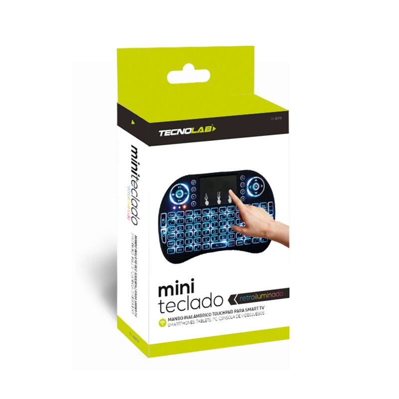 teclado tecnolab mini usb inalambrico, 2.4ghz, 10m alcance, bateria litio recargable, retroiluminado, para smart tv, consolas, pc, android.