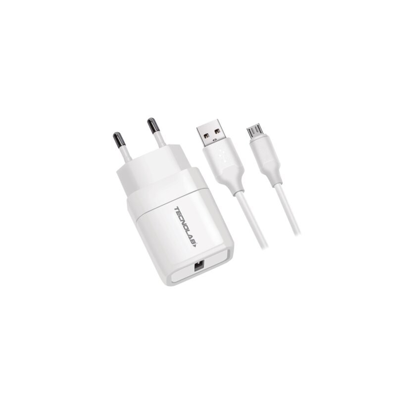 cargador tecnolab salida usb 12w con cable usb a micro usb. certificacion sec. white