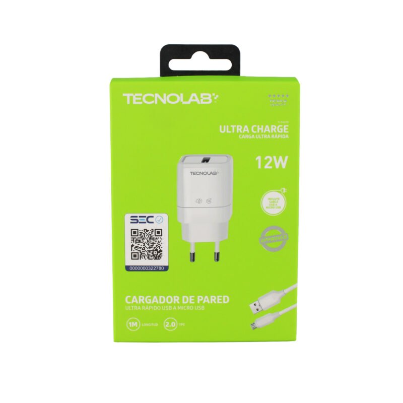 cargador tecnolab salida usb 12w con cable usb a micro usb. certificacion sec. white — vista 4