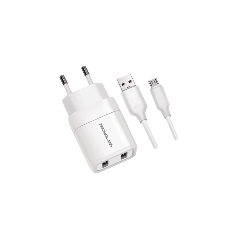 cargador tecnolab dual usb 12w con cable usb a micro usb. certificacion sec. white.