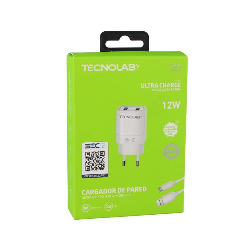 cargador tecnolab dual usb 12w con cable usb a micro usb. certificacion sec. white. — vista 5