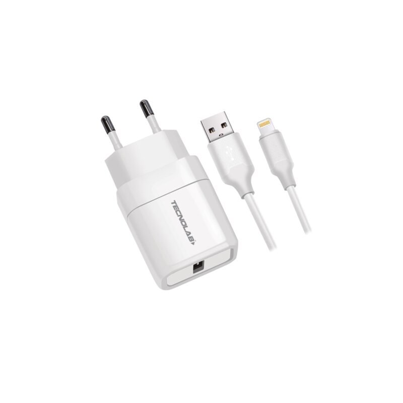 cargador tecnolab salida usb 12w con cable tipo c a lightning. certificacion sec. white