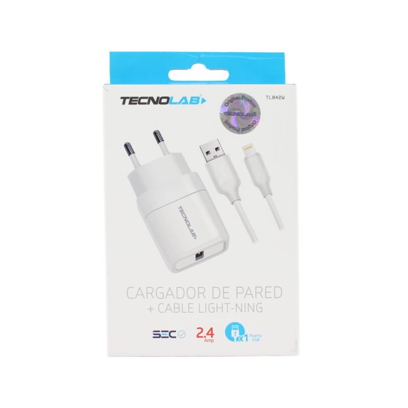 cargador tecnolab salida usb 12w con cable usb a lightning. certificacion sec. white — vista 4