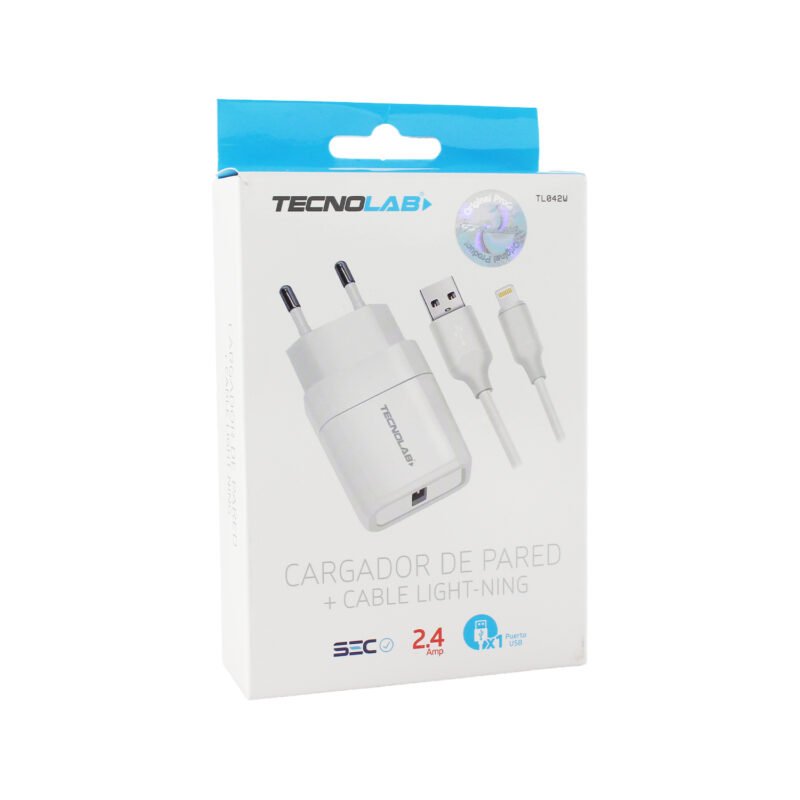 cargador tecnolab salida usb 12w con cable usb a lightning. certificacion sec. white — vista 5